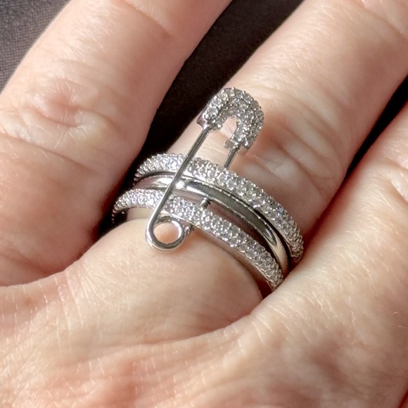 Silver & Diamond Safety Pin Triple Stack Ring - Picture 3 of 4